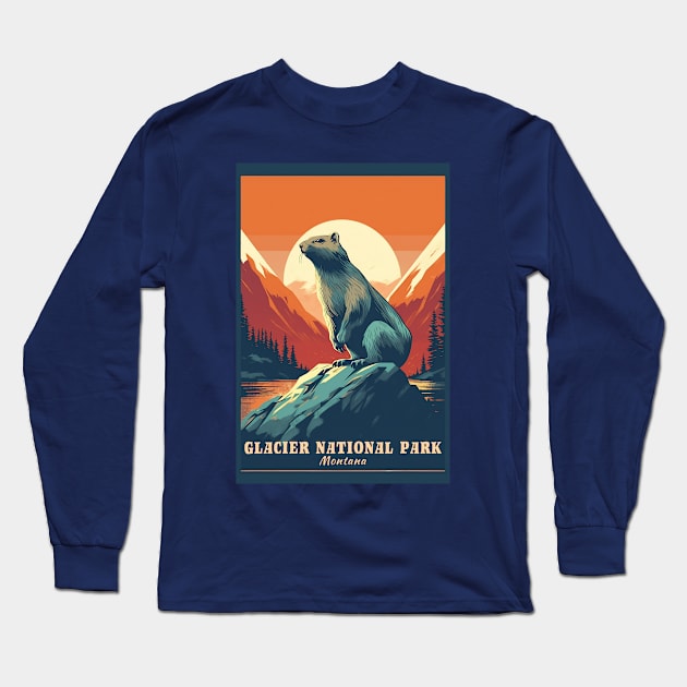 Glacier National Park Travel Poster Long Sleeve T-Shirt by GreenMary Design